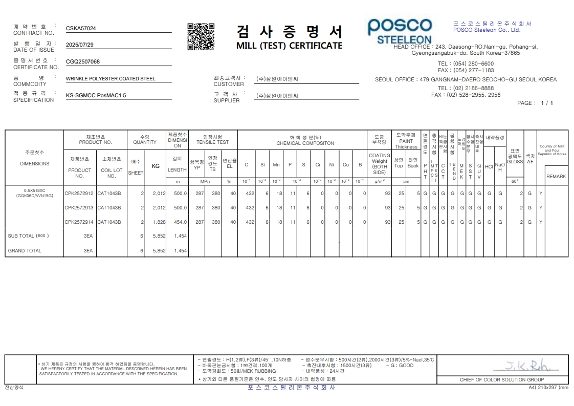 리얼징크(링클 0.5T) 시험성적서